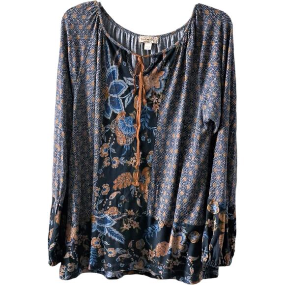 One World Brown And Blue Floral And Print Bohemian Top Size Large - Picture 1 of 11